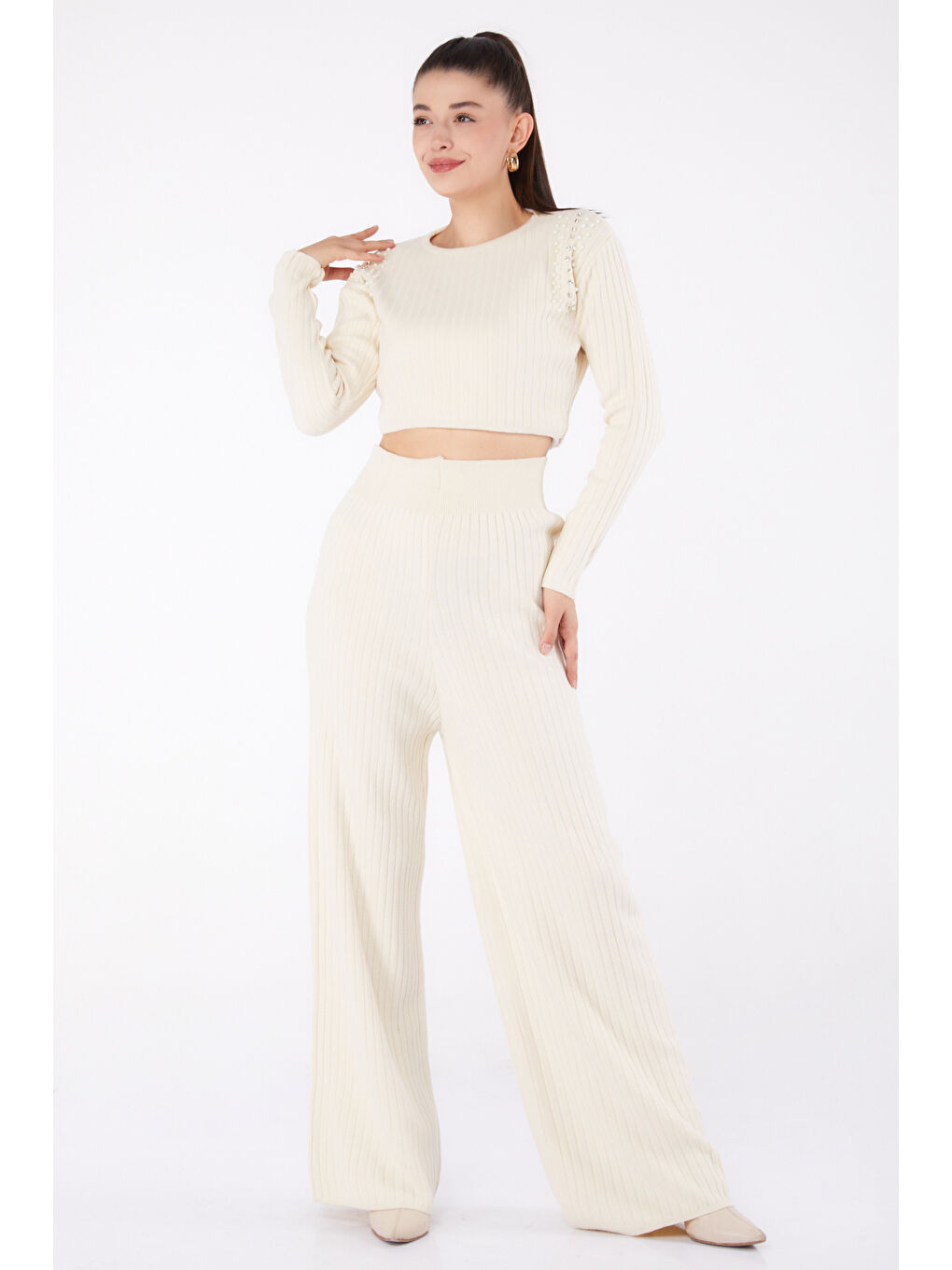 Fitilli Taş Detaylı Triko Takım Ekru - 27633-1