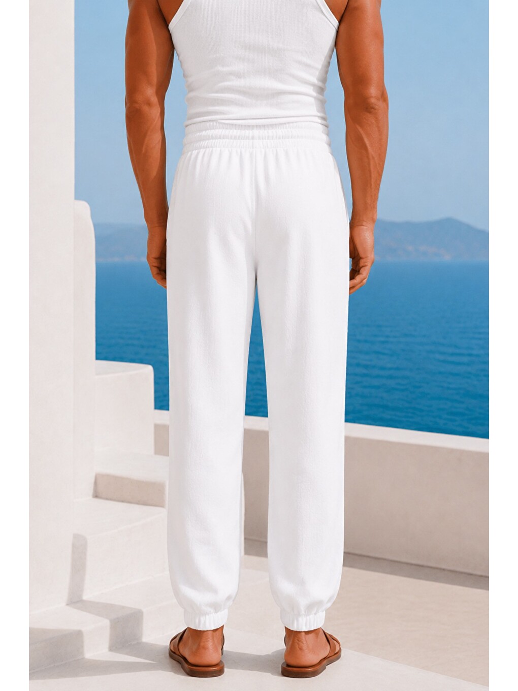 Beyaz Erkek Keten Karışımlı Regular Kalıp Bel Ve Paça Lastikli Bağcıklı Jogger Pantolon-3