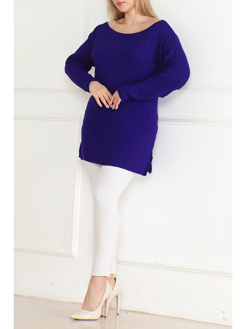 Fitilli Açık Yaka Triko Kazak Mor - 27663-1