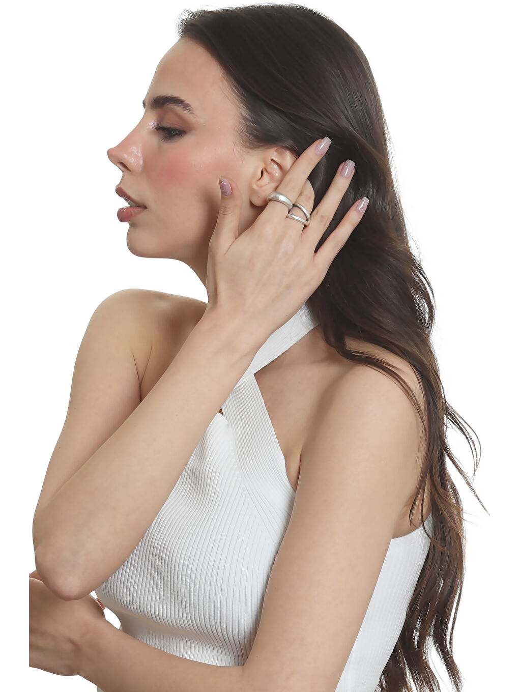 Gri Kadın İki Parmak Tasarım Yüzük-7