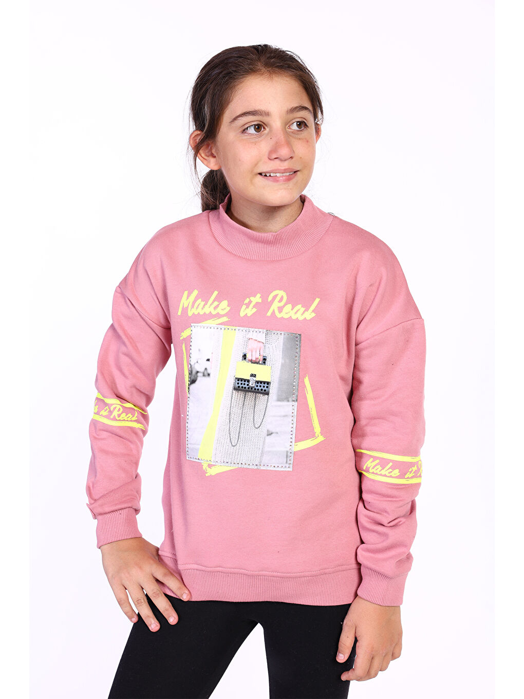 Toontoykids Pembe Kız Çocuk Baskılı Taş İşlemeli Balıkçı Yaka Sweatshirt