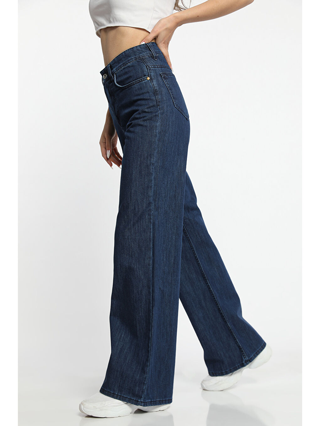 Lacivert Kadın Yüksek Bel Palazzo Jean Pantolon-2