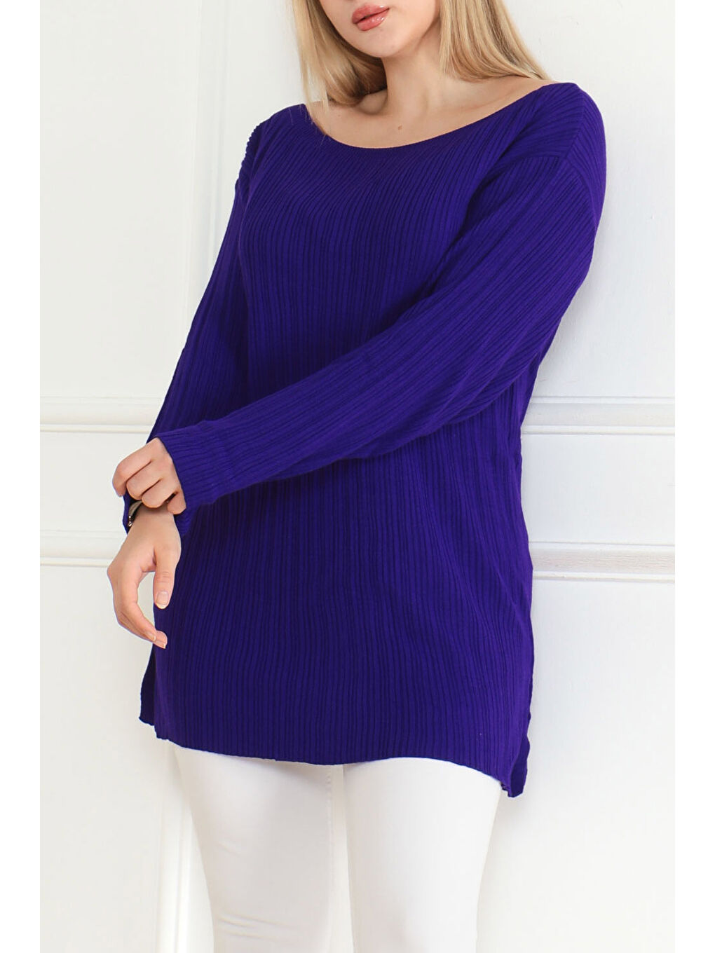 Fitilli Açık Yaka Triko Kazak Mor - 27663-2