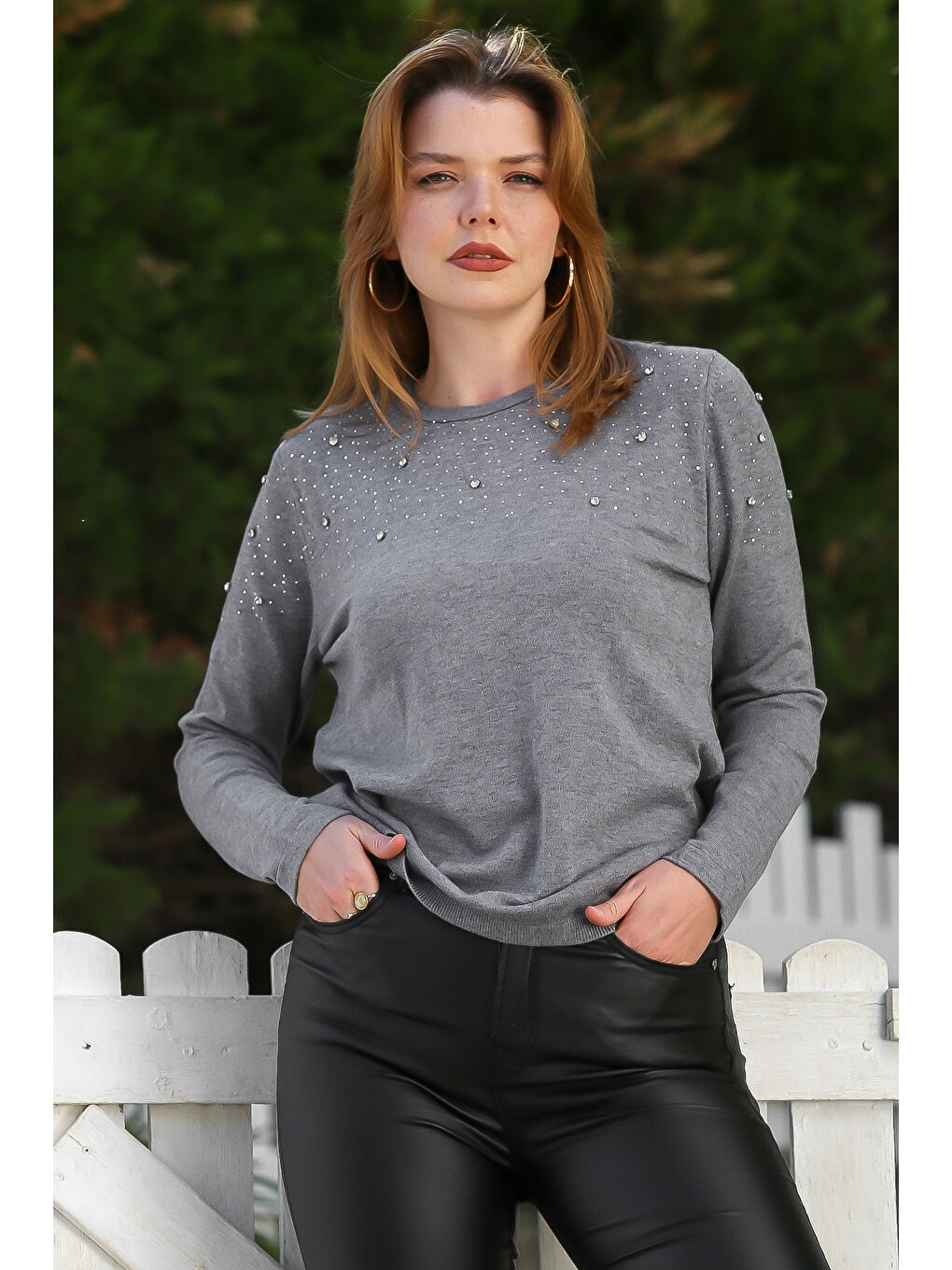 Gri Melanj Yuvarlak Yaka Uzun Kol Taşlı Troklu Casual Triko Kazak 65 60-2