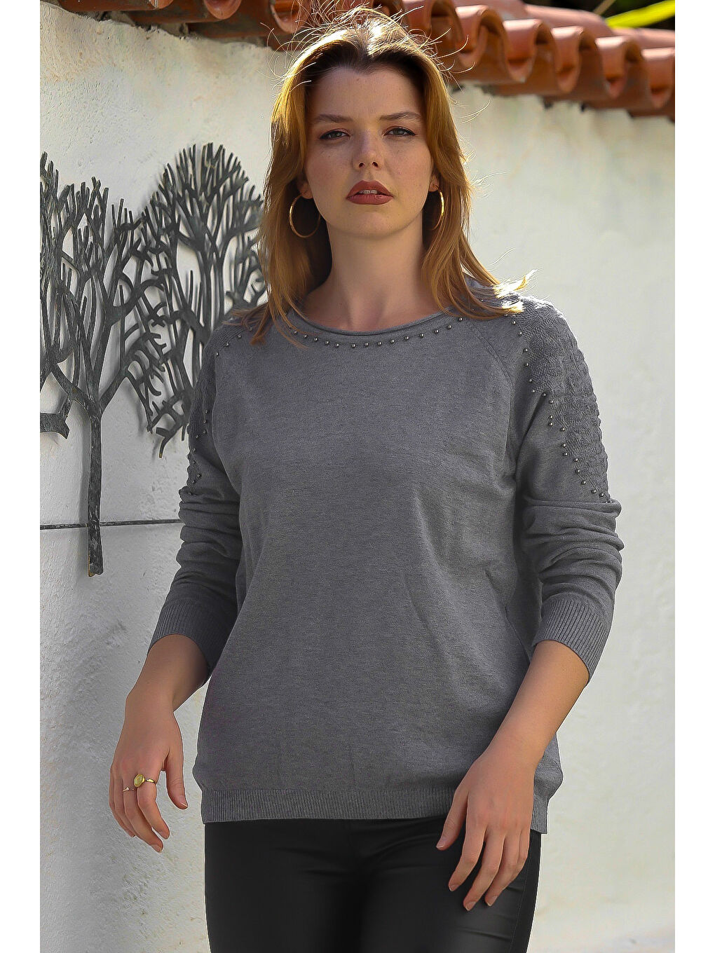 Gri Havuz Yaka Uzun Kol Troklu Casual Ajur Örgü Triko Kazak 65 60-1