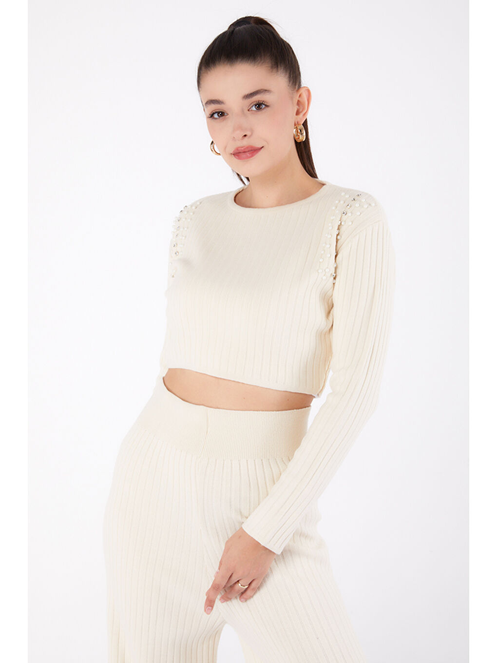 Fitilli Taş Detaylı Triko Takım Ekru - 27633-2