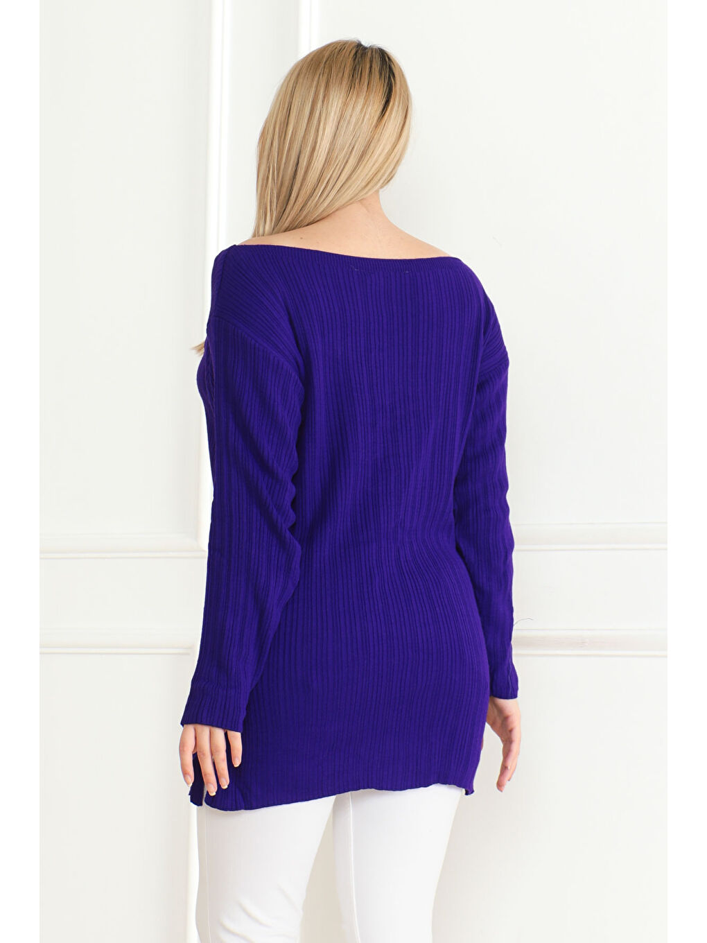 Fitilli Açık Yaka Triko Kazak Mor - 27663-3