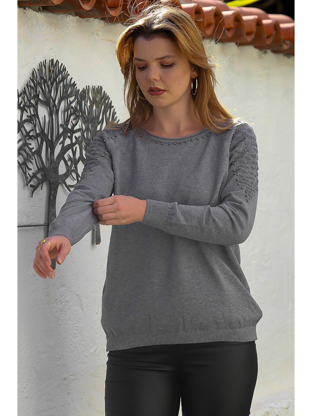 Gri Havuz Yaka Uzun Kol Troklu Casual Ajur Örgü Triko Kazak 65 60-2