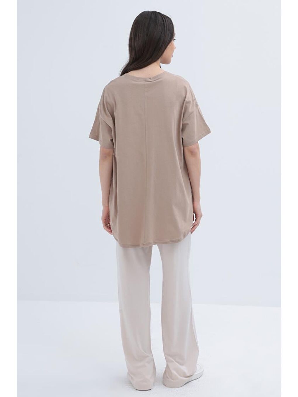 Bej-Kısa Kollu Yırtmaçlı T-Shirt-2