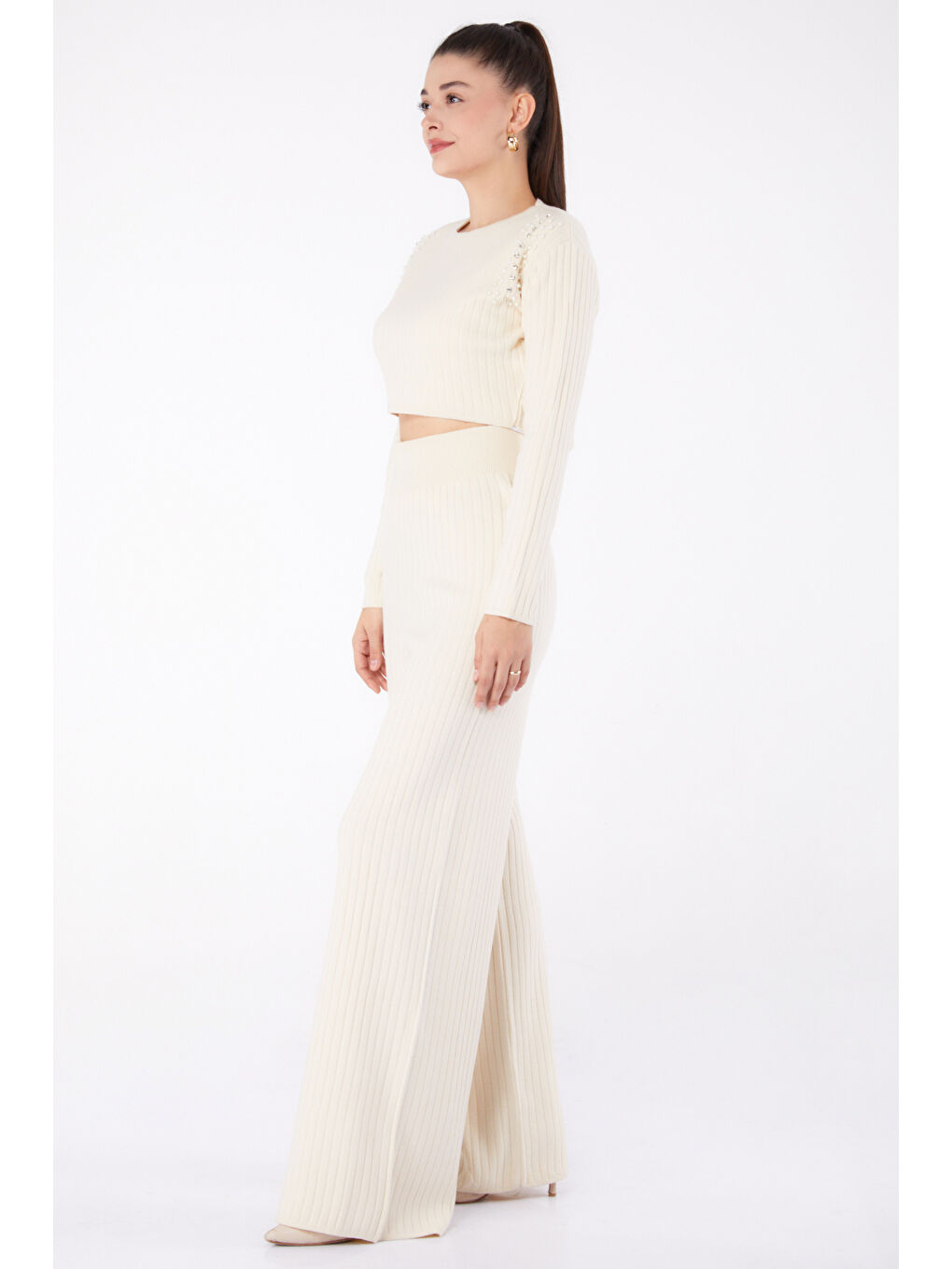 Fitilli Taş Detaylı Triko Takım Ekru - 27633-3