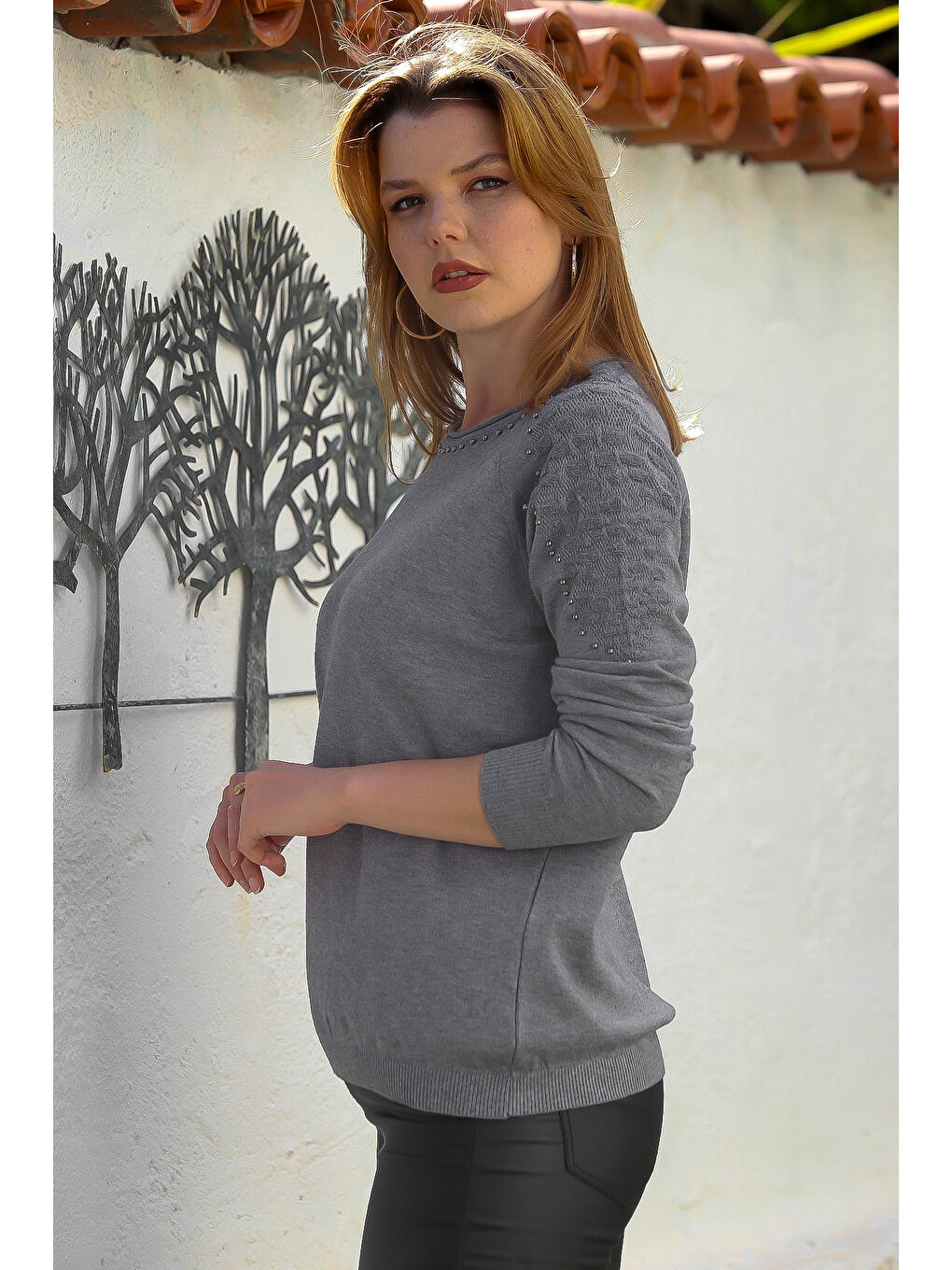 Gri Havuz Yaka Uzun Kol Troklu Casual Ajur Örgü Triko Kazak 65 60-3