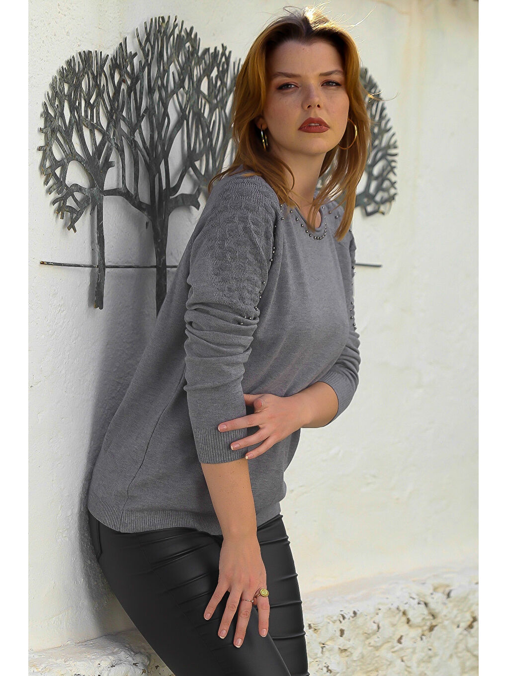 Gri Havuz Yaka Uzun Kol Troklu Casual Ajur Örgü Triko Kazak 65 60-4