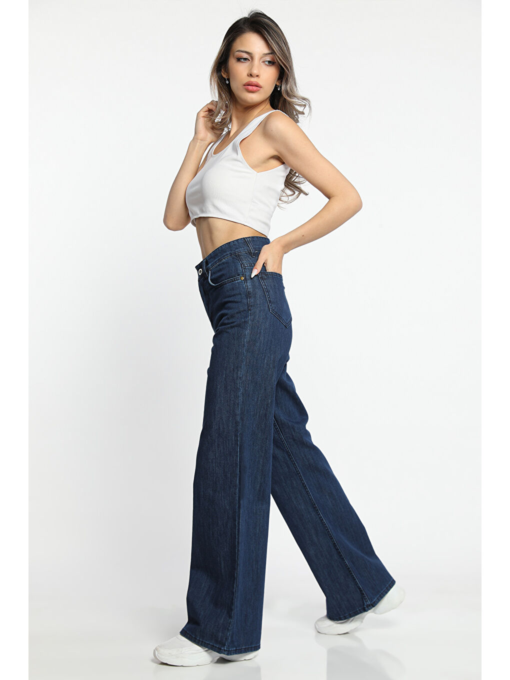 Lacivert Kadın Yüksek Bel Palazzo Jean Pantolon-3
