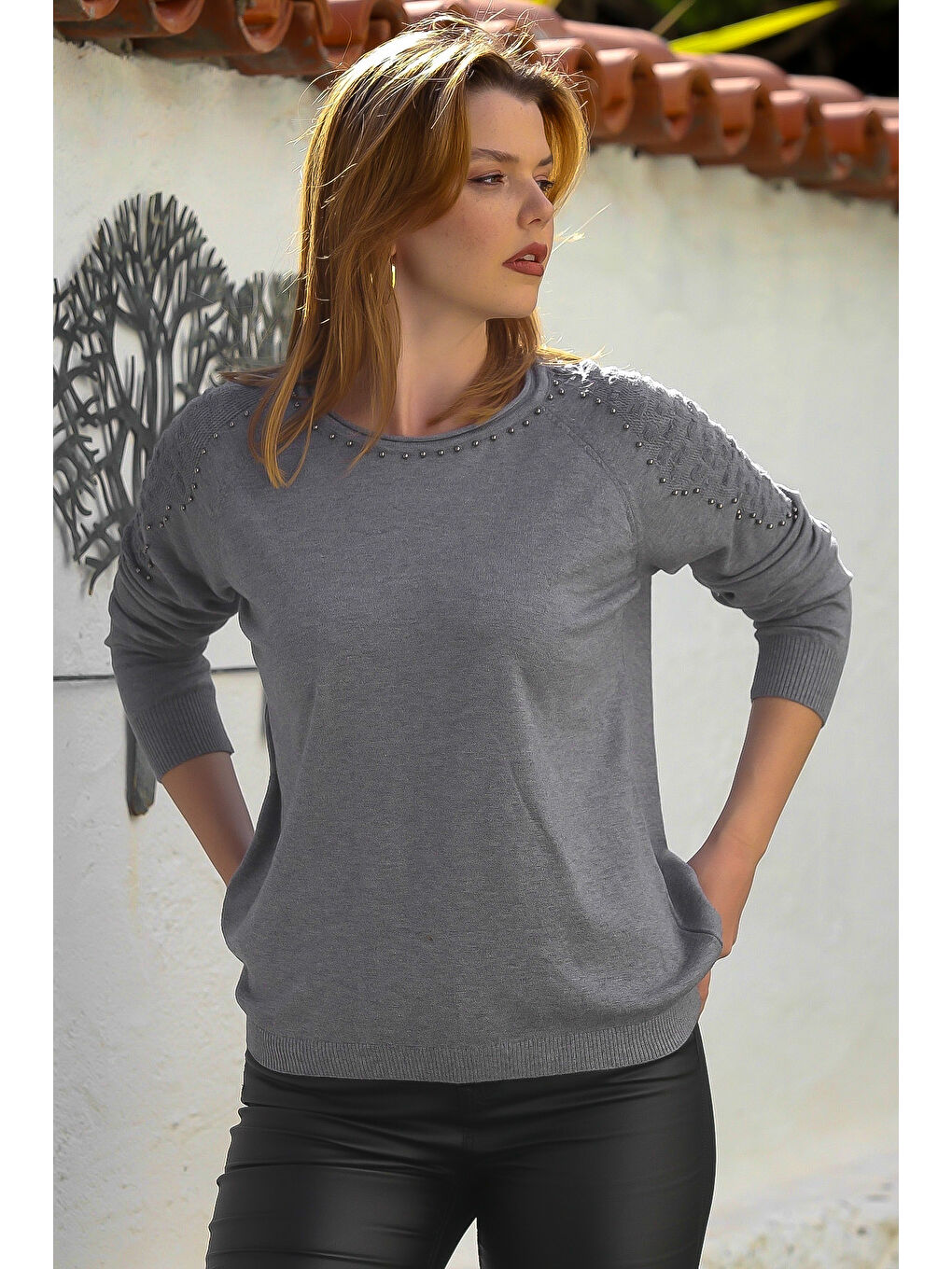 Gri Havuz Yaka Uzun Kol Troklu Casual Ajur Örgü Triko Kazak 65 60-5