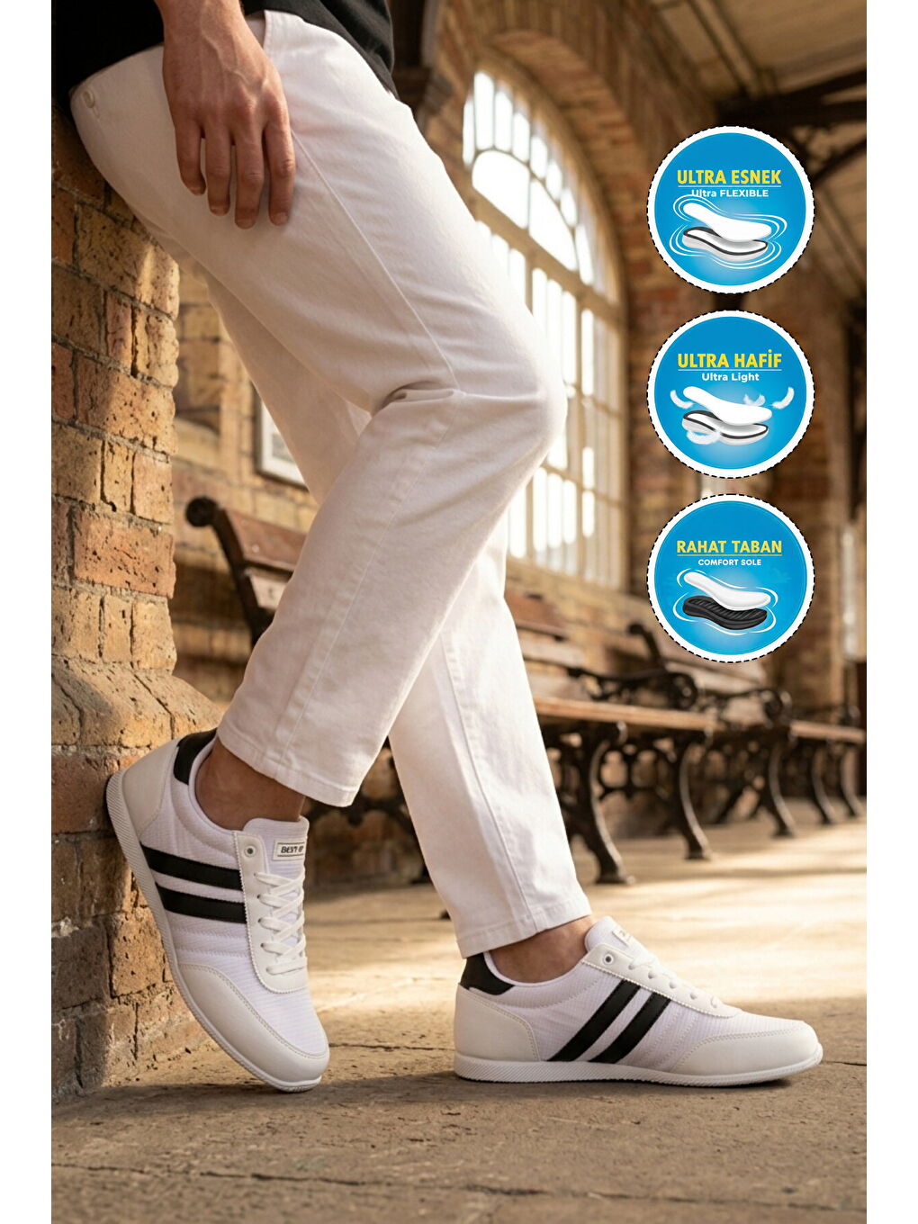 Beyaz Siyah Bağcıklı Hafif Esnek Erkek Spor Ayakkabı BST-2086 M-2
