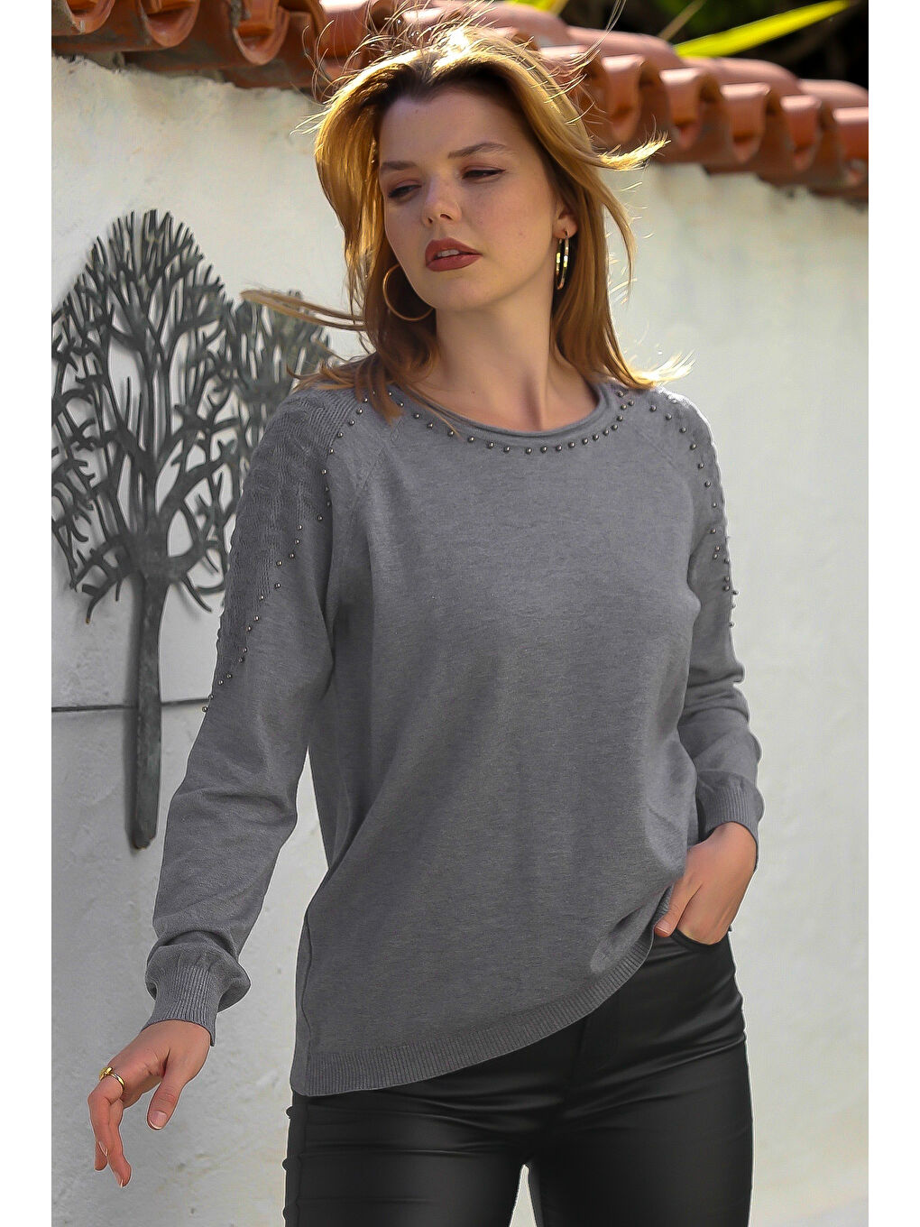 Gri Havuz Yaka Uzun Kol Troklu Casual Ajur Örgü Triko Kazak 65 60-6