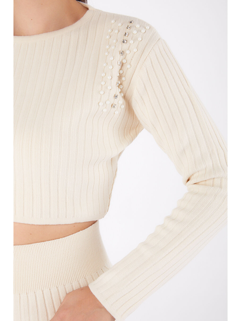 Fitilli Taş Detaylı Triko Takım Ekru - 27633-5