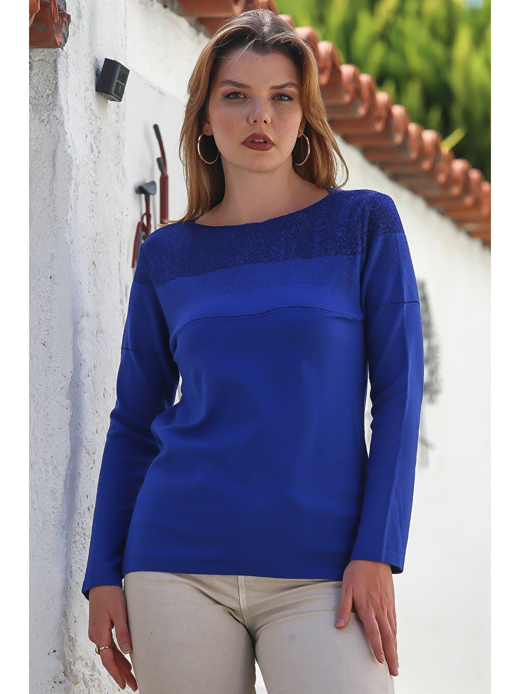 Saks Mavisi Kayık Yaka Uzun Kol Simli Casual Triko Kazak 65 60-1