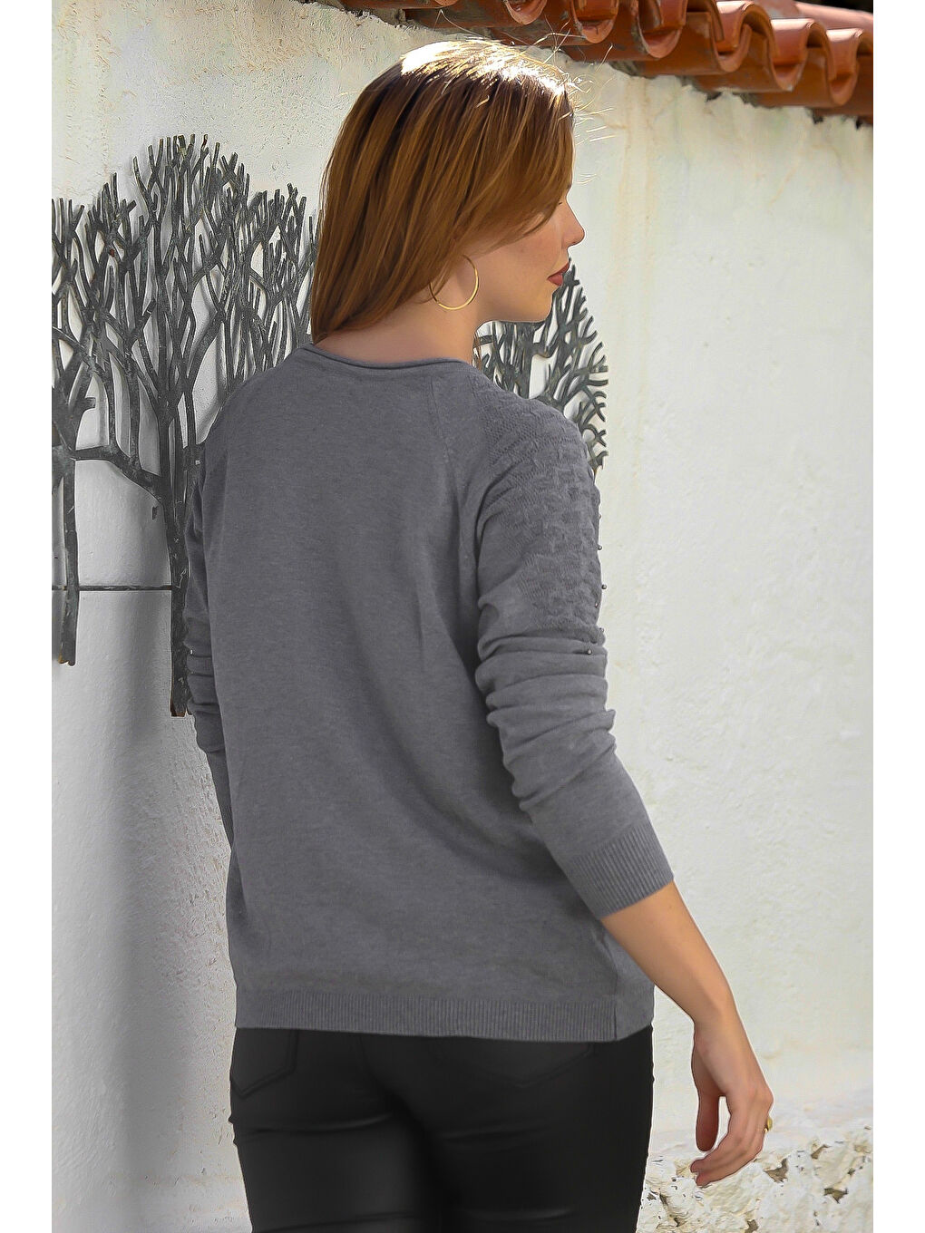 Gri Havuz Yaka Uzun Kol Troklu Casual Ajur Örgü Triko Kazak 65 60-7