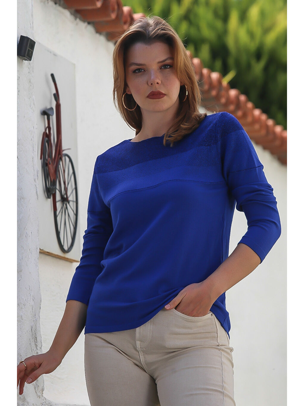 Saks Mavisi Kayık Yaka Uzun Kol Simli Casual Triko Kazak 65 60-3