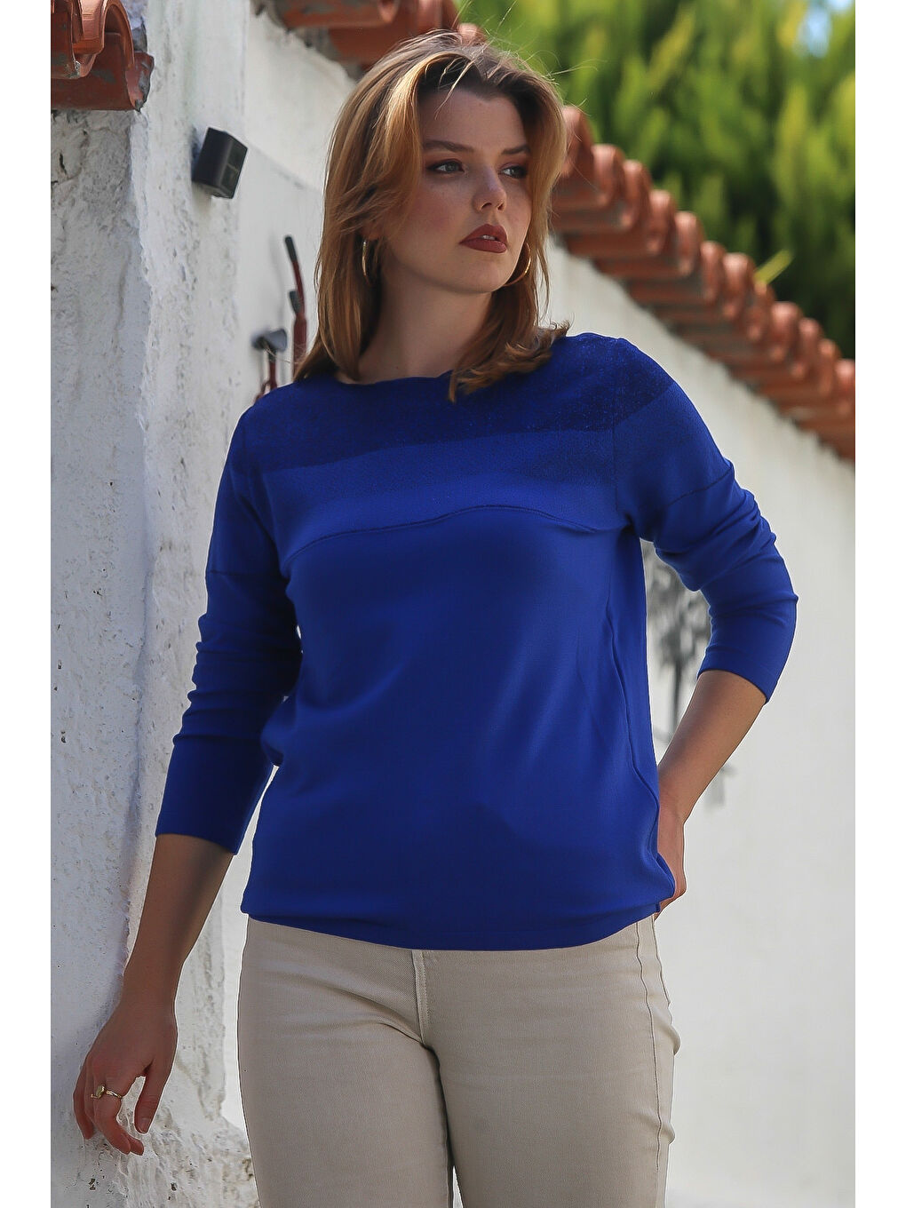 Saks Mavisi Kayık Yaka Uzun Kol Simli Casual Triko Kazak 65 60-4