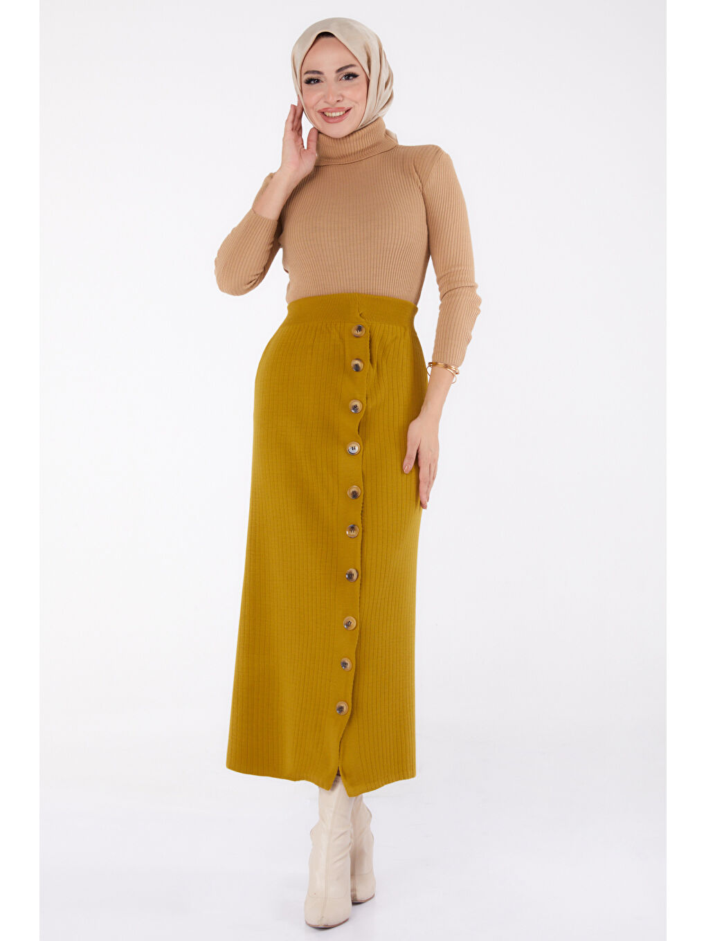 Düğmeli Triko Etek Yağ Yeşili - 27668-1