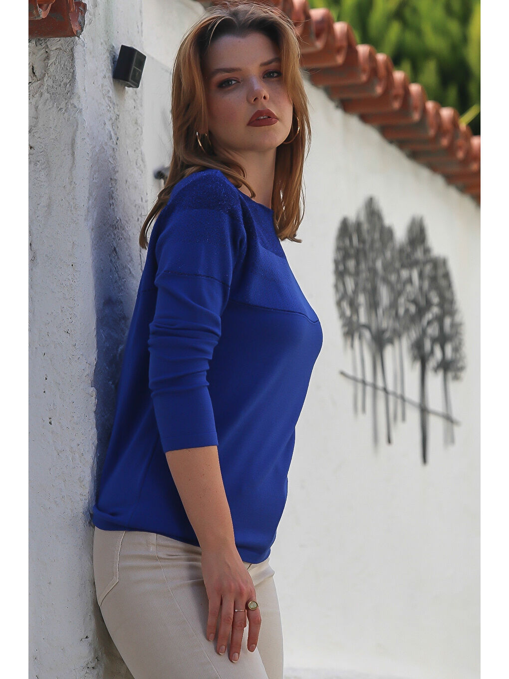 Saks Mavisi Kayık Yaka Uzun Kol Simli Casual Triko Kazak 65 60-5