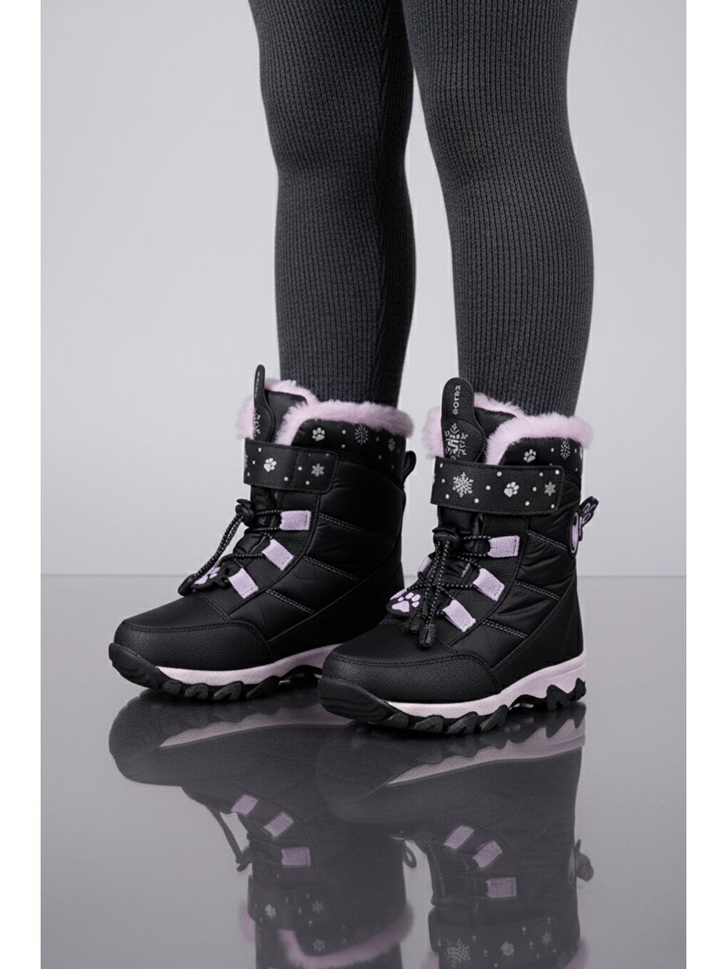 Siyah RAGYER İçi Kürklü Bağcıklı ve Cırtlı Kız Çocuk Bot-3