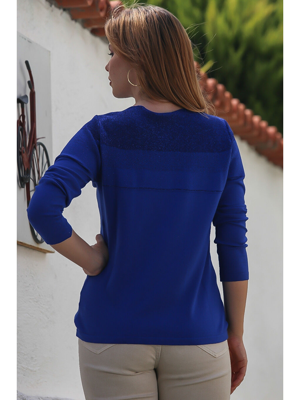 Saks Mavisi Kayık Yaka Uzun Kol Simli Casual Triko Kazak 65 60-6