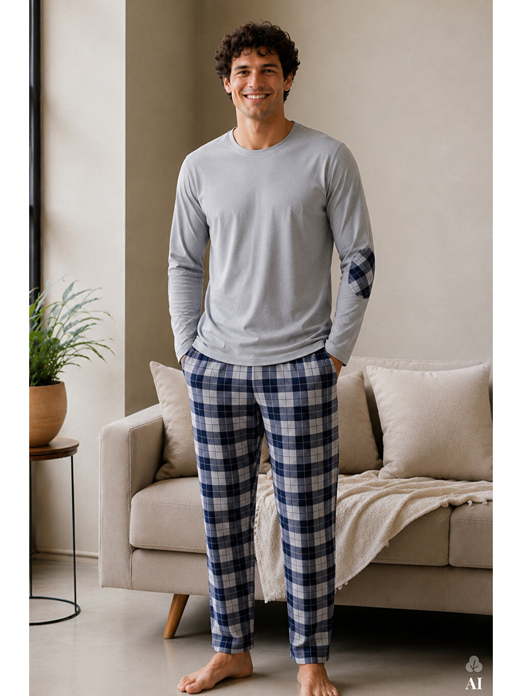 Mavi Erkek Pamuklu Uzun Kollu Yamalı Ekose Desenli Pijama Takımı-1