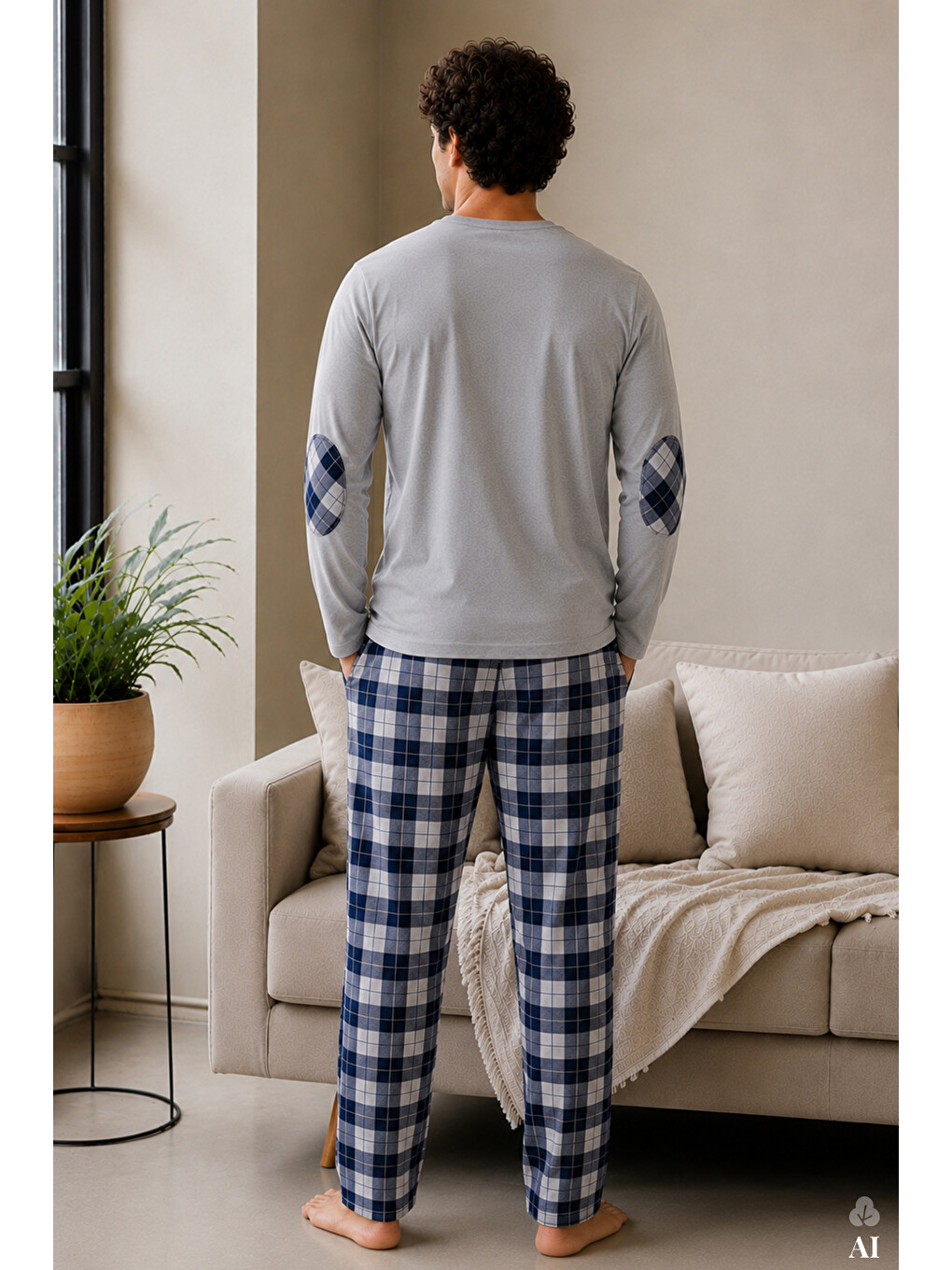 Mavi Erkek Pamuklu Uzun Kollu Yamalı Ekose Desenli Pijama Takımı-2