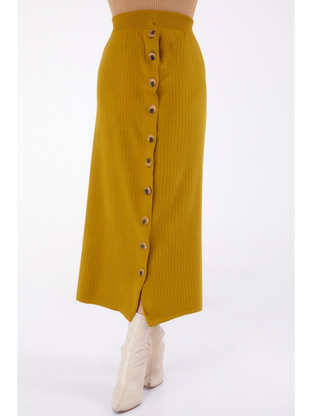 Düğmeli Triko Etek Yağ Yeşili - 27668-2