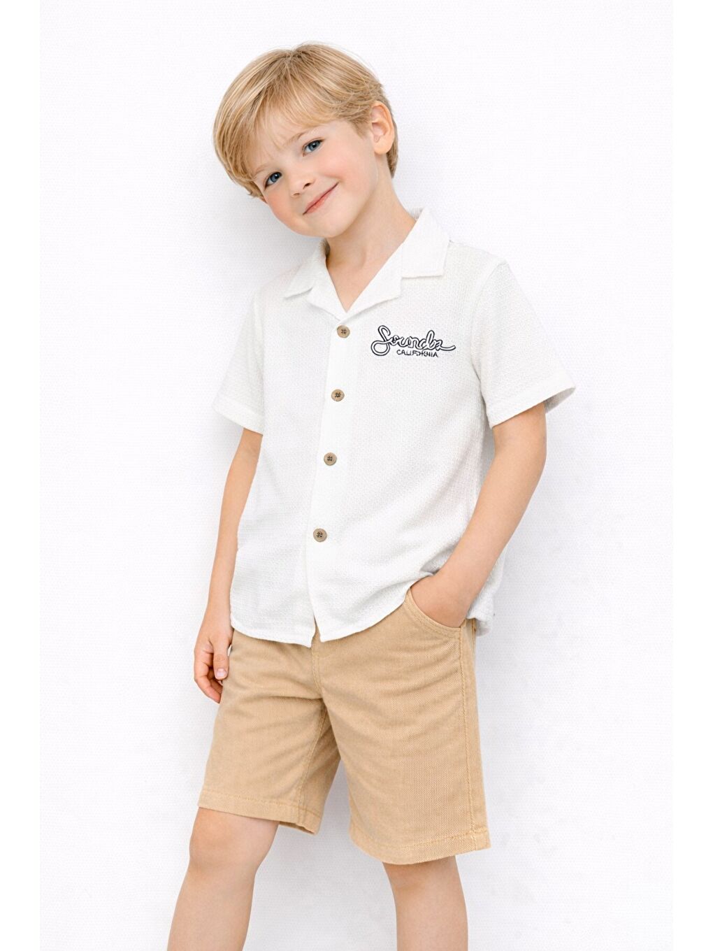 Beyaz Tarz Gömlekli Belden Ayarlanabilir Kısa Kollu Şortlu 2'li Takım