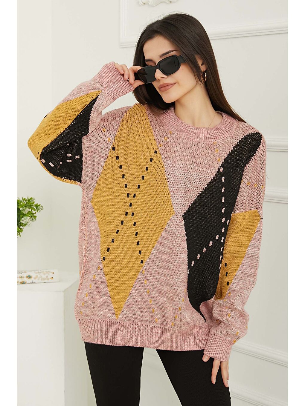 Baklava Desen Triko Kazak Pembe - 27671