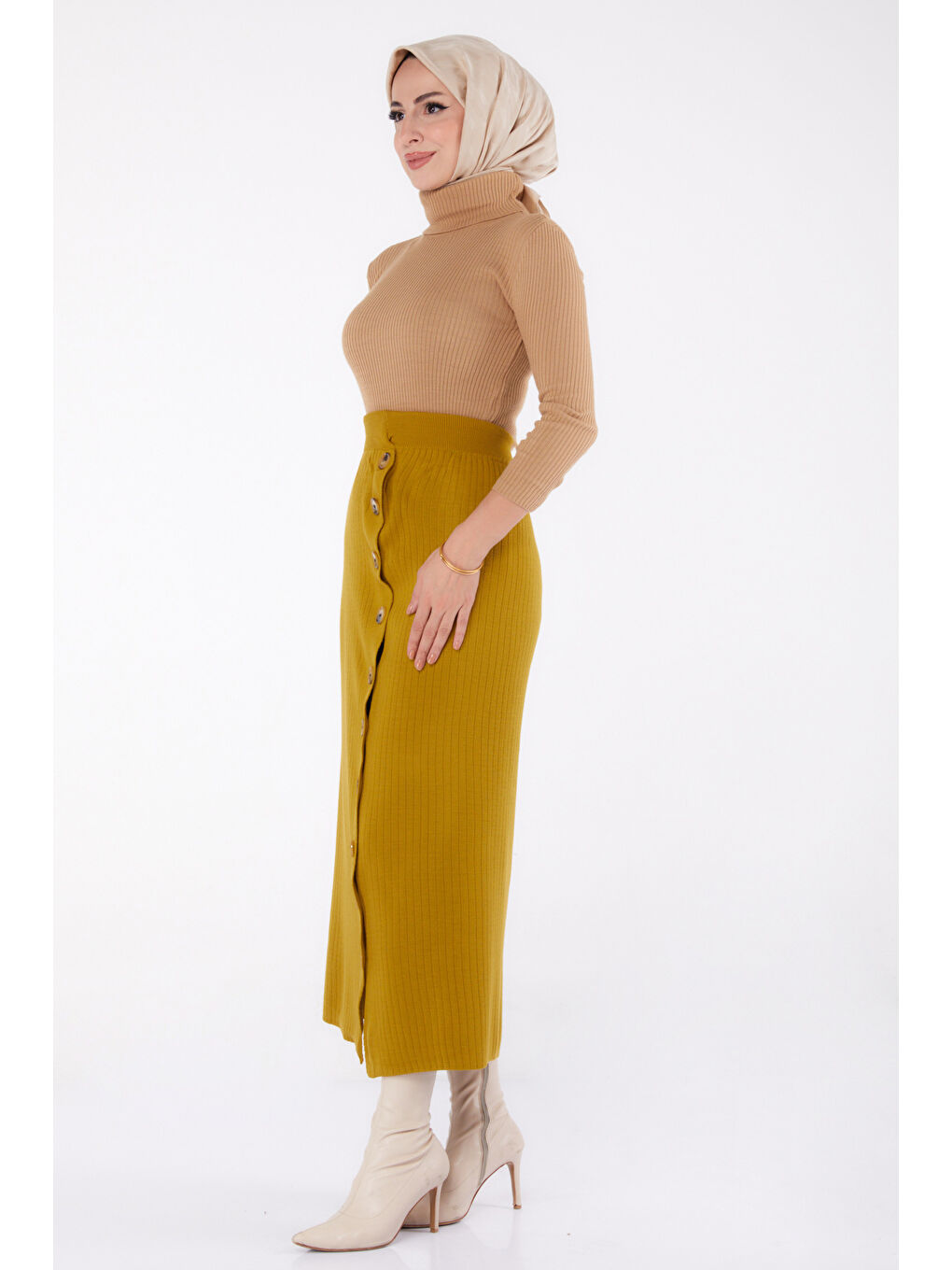 Düğmeli Triko Etek Yağ Yeşili - 27668-3