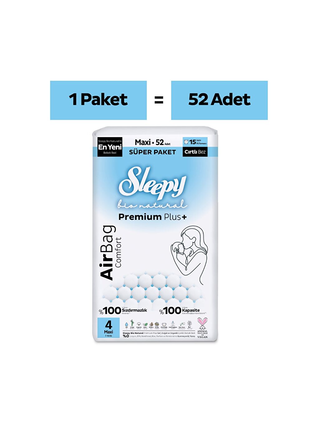 Bio Natural Premium Plus Airbag Comfort Süper Paket Bebek Bezi 4 Numara Maxi 52 Adet-1