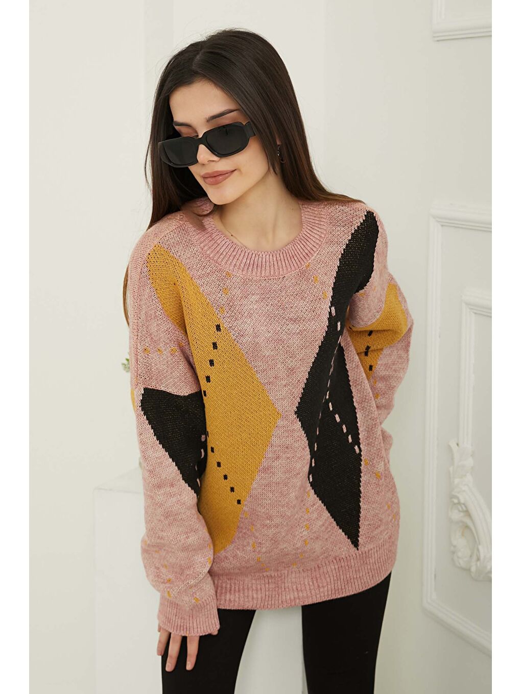 Baklava Desen Triko Kazak Pembe - 27671-1