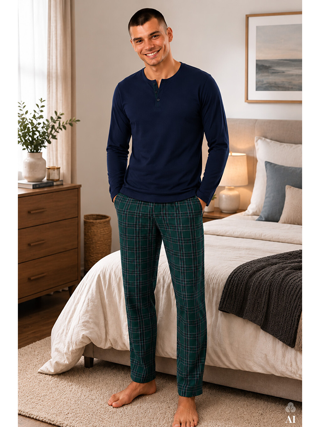 Lacivert Erkek Pamuklu Uzun Kollu Önü Patlı Ekose Desenli Pijama Takımı
