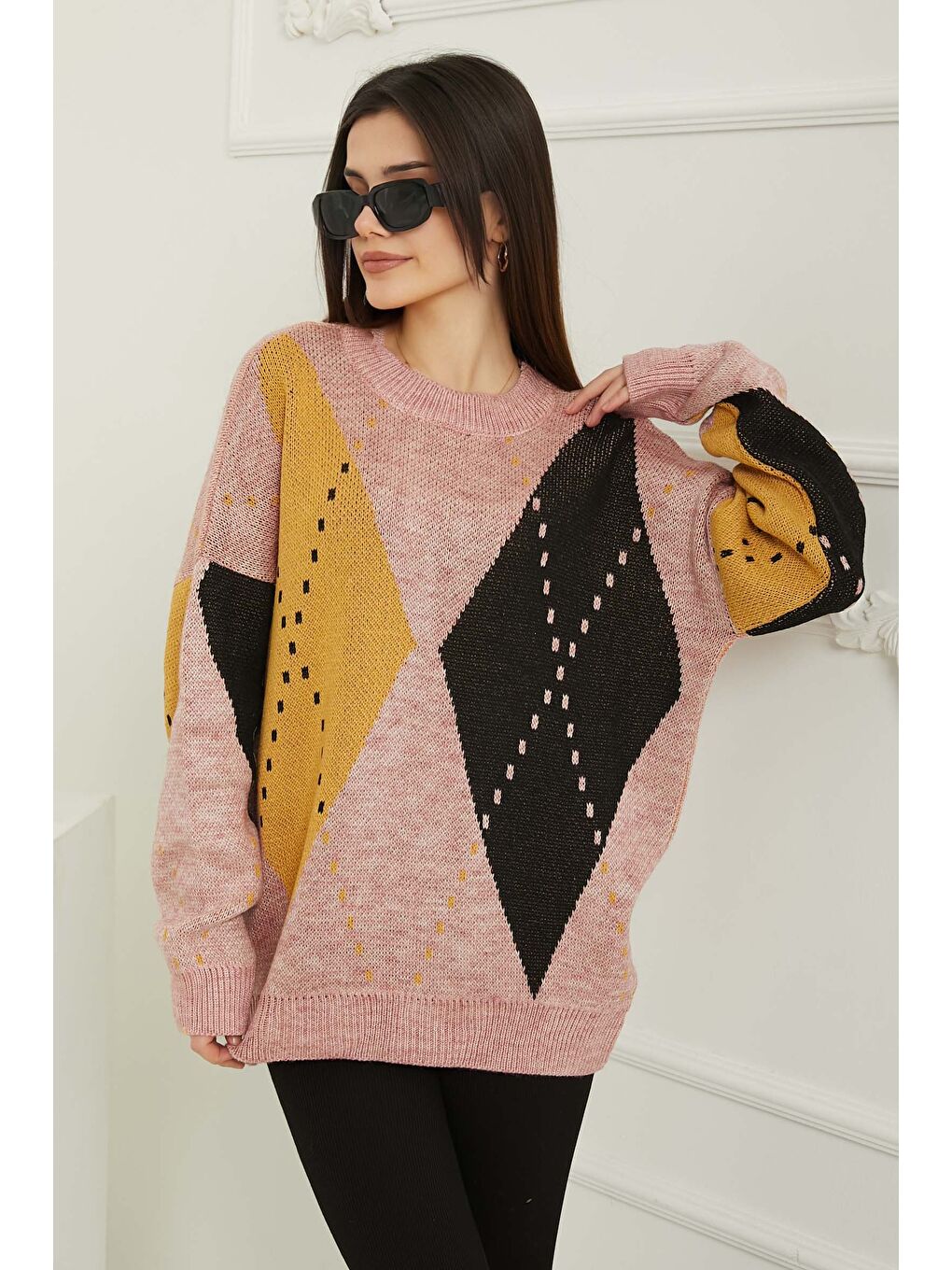 Baklava Desen Triko Kazak Pembe - 27671-2