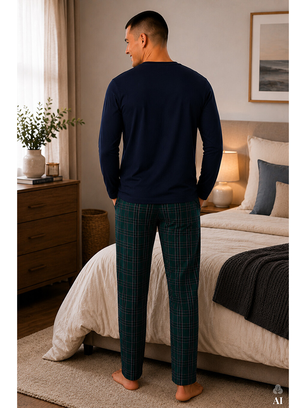 Lacivert Erkek Pamuklu Uzun Kollu Önü Patlı Ekose Desenli Pijama Takımı-2