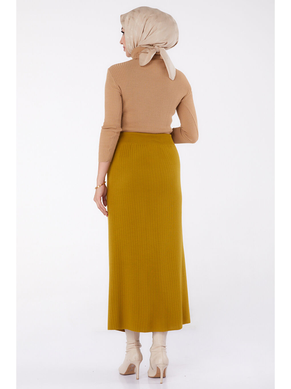 Düğmeli Triko Etek Yağ Yeşili - 27668-4