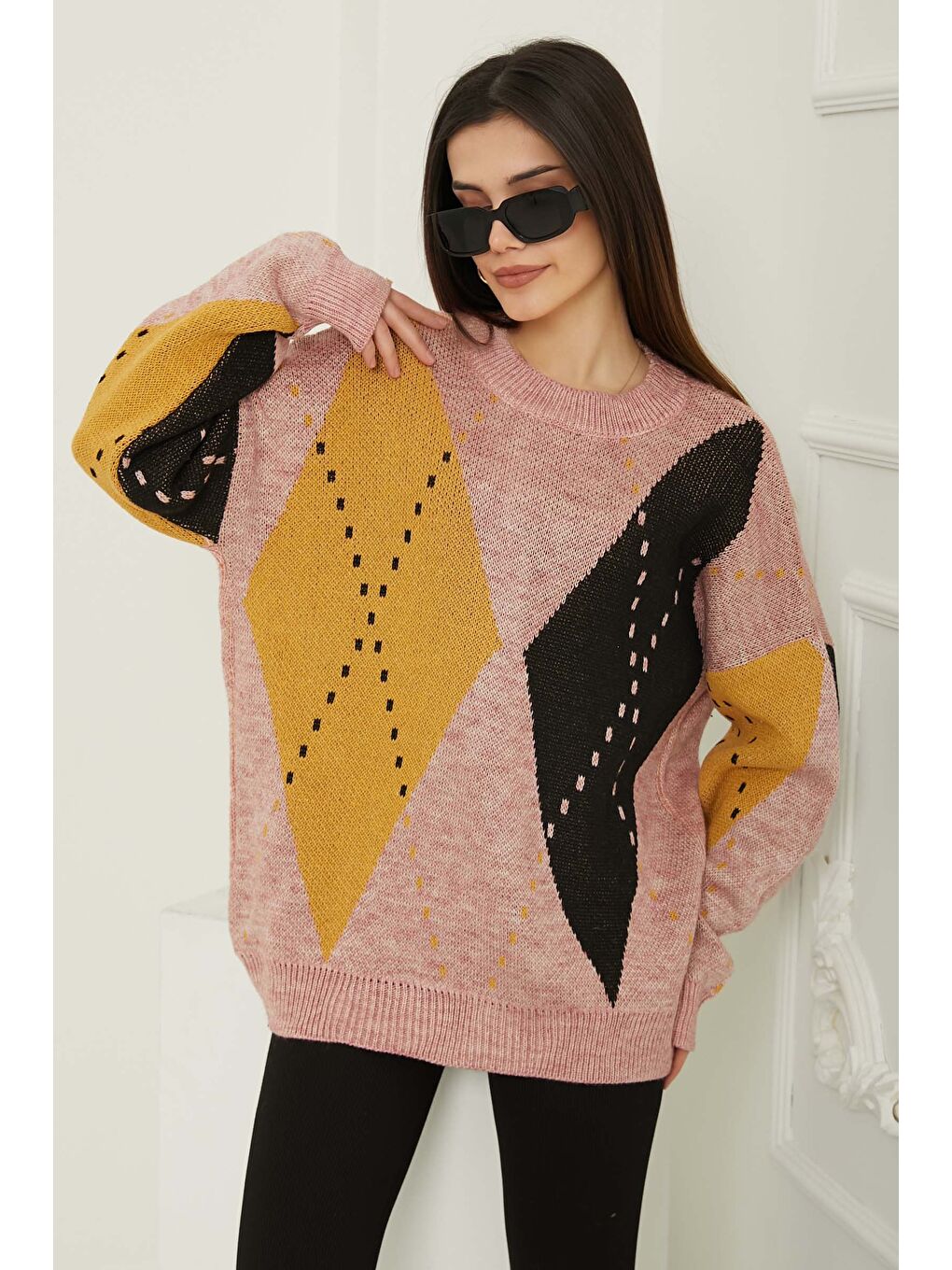 Baklava Desen Triko Kazak Pembe - 27671-3