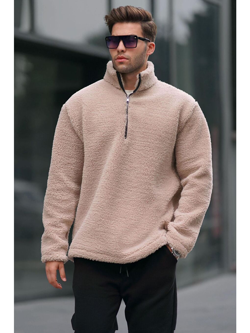 Bej Fermuarlı Oversize Sweatshirt 6159