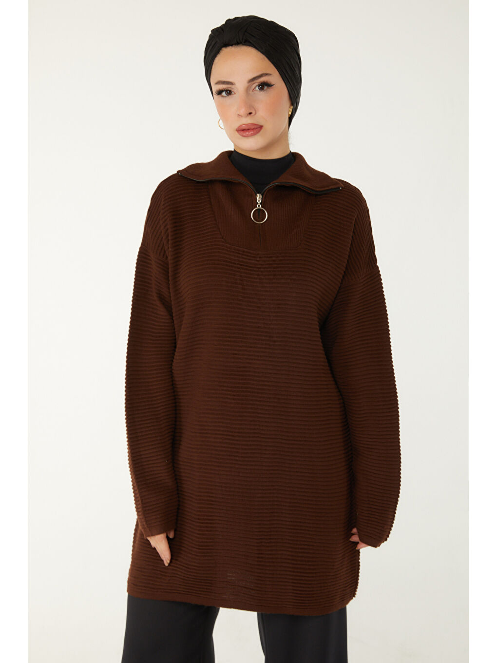 Kahverengi Fitili Fermuarlı Triko Kazak Kahve - 27632
