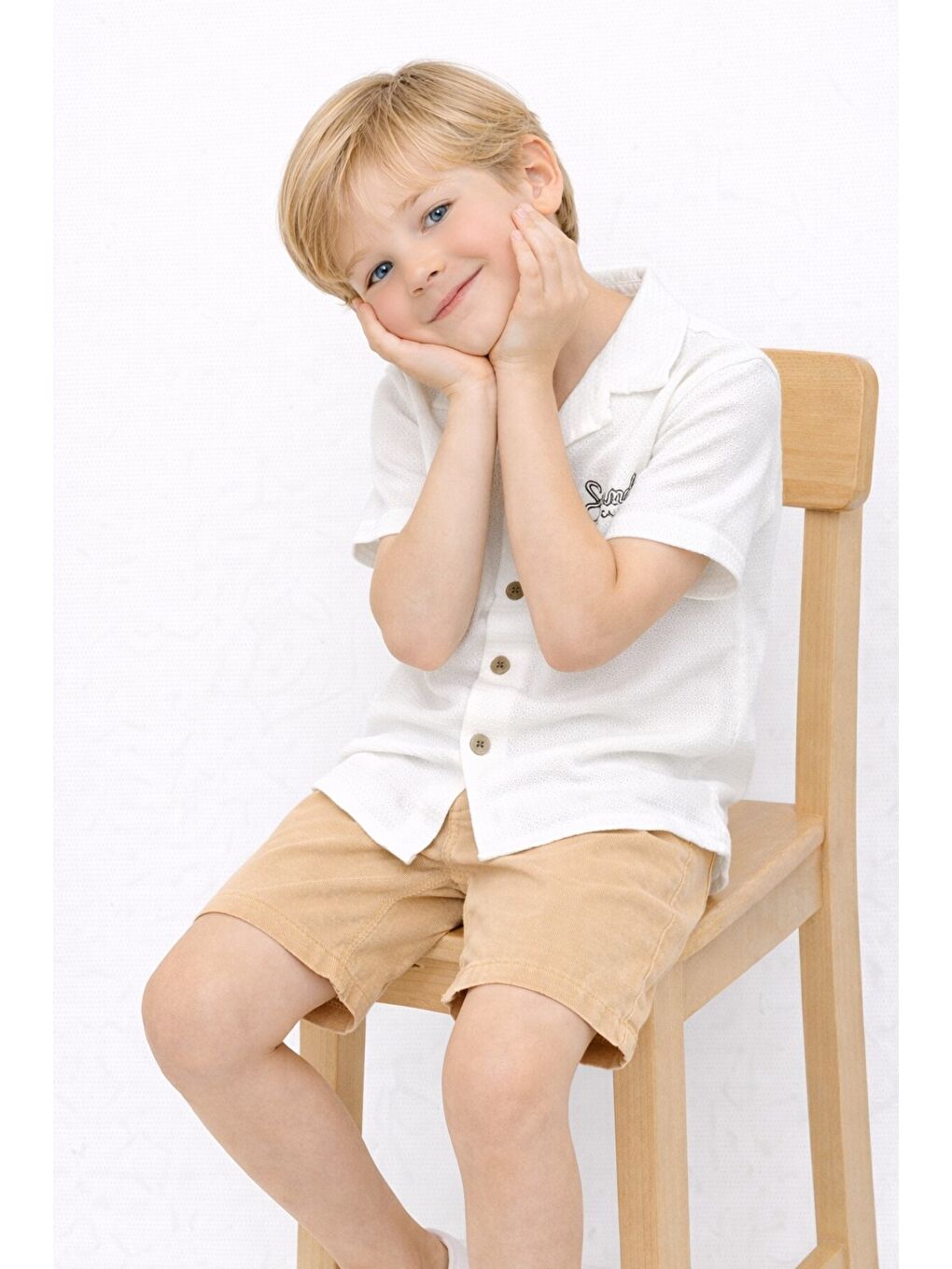 Beyaz Tarz Gömlekli Belden Ayarlanabilir Kısa Kollu Şortlu 2'li Takım-3