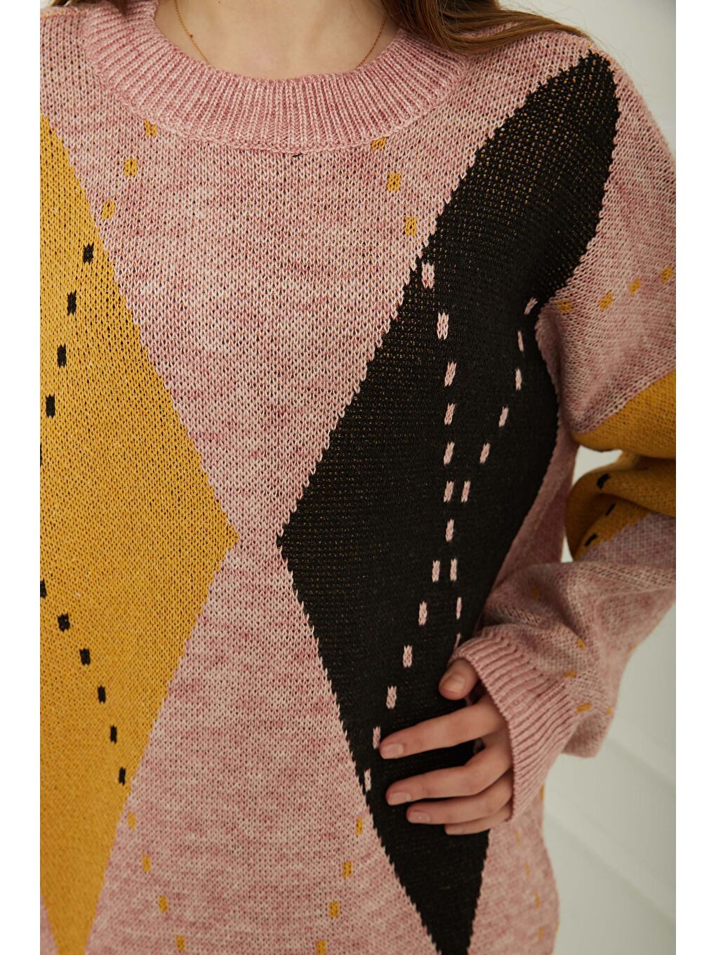 Baklava Desen Triko Kazak Pembe - 27671-4