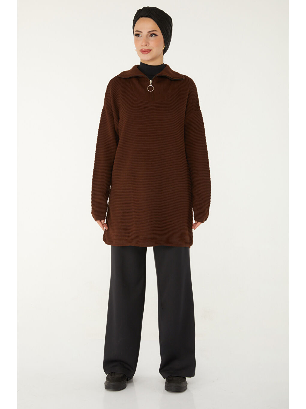 Kahverengi Fitili Fermuarlı Triko Kazak Kahve - 27632-1