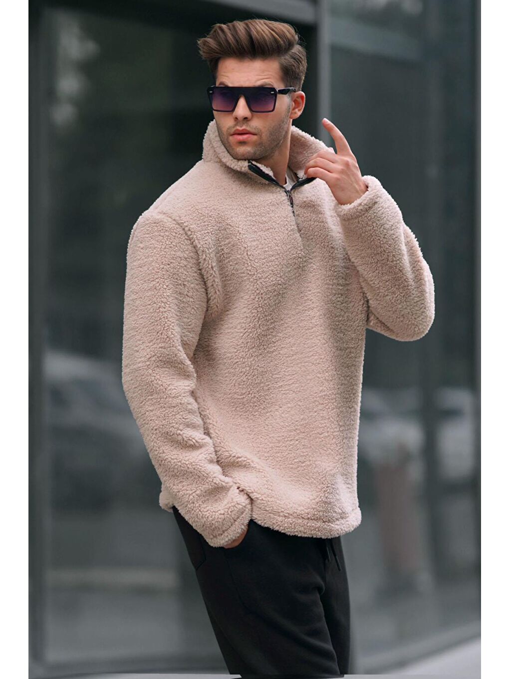 Bej Fermuarlı Oversize Sweatshirt 6159-1