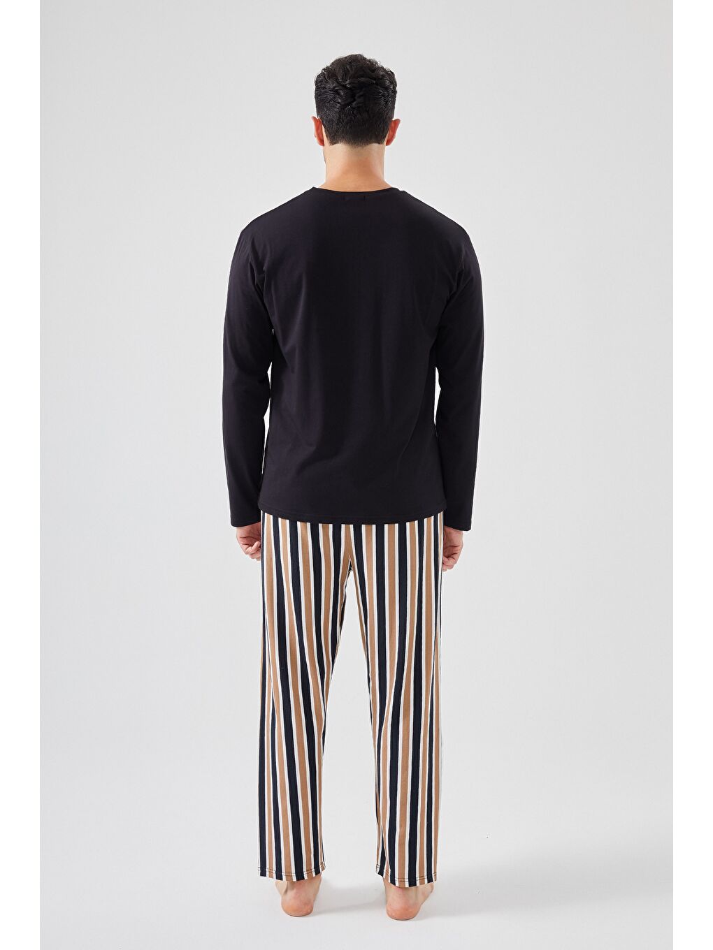 Kahverengi Erkek Pamuklu Uzun Kollu Üst Astronot Baskılı Alt Çizgili Pijama Takımı-2