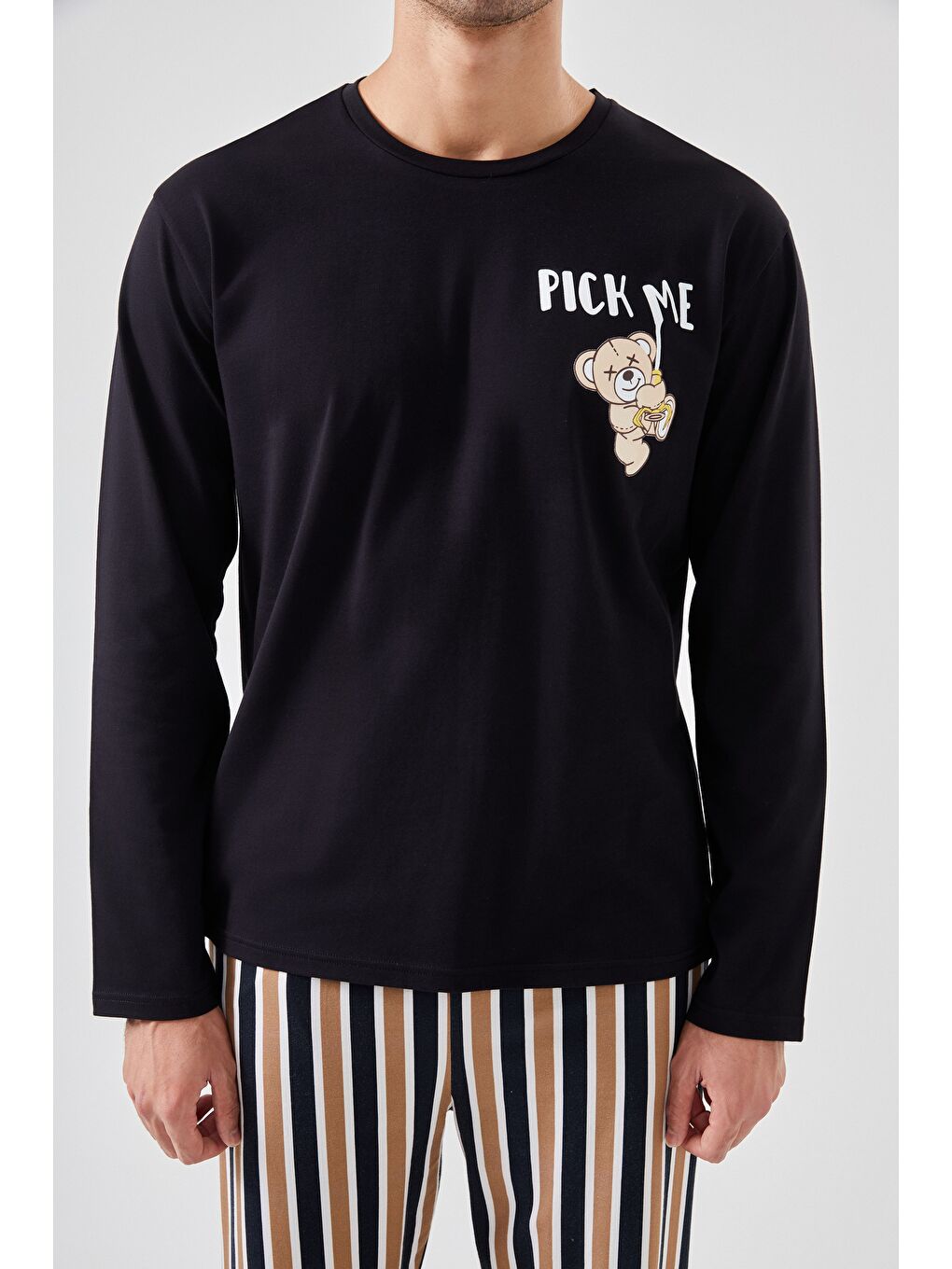 Kahverengi Erkek Pamuklu Uzun Kollu Üst Astronot Baskılı Alt Çizgili Pijama Takımı-3